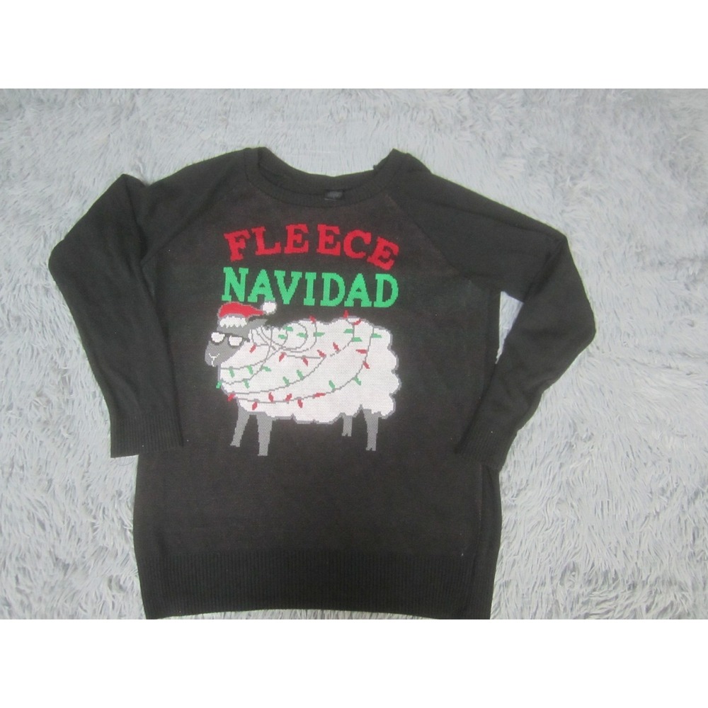 Fleece Navidad Sweater Womens Large Black Pullover Christmas Holiday Sheep Graph
